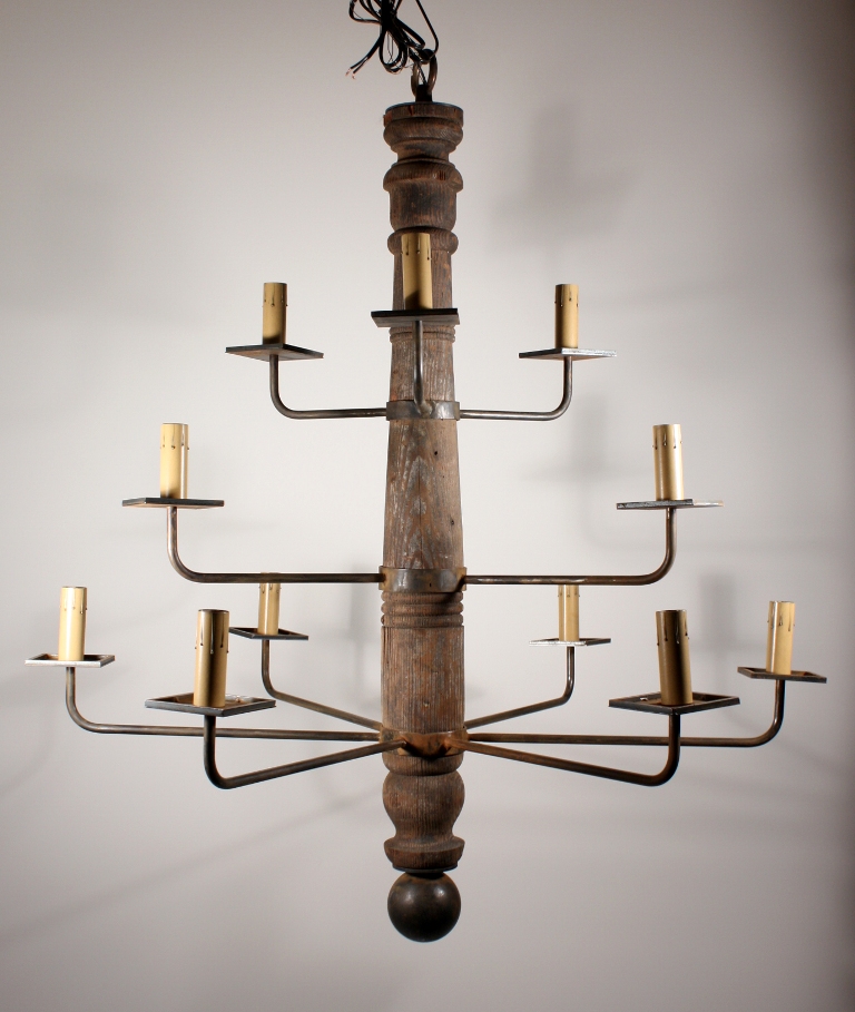 Custom Made Twelve Light Chandelier With Antique Wood Post