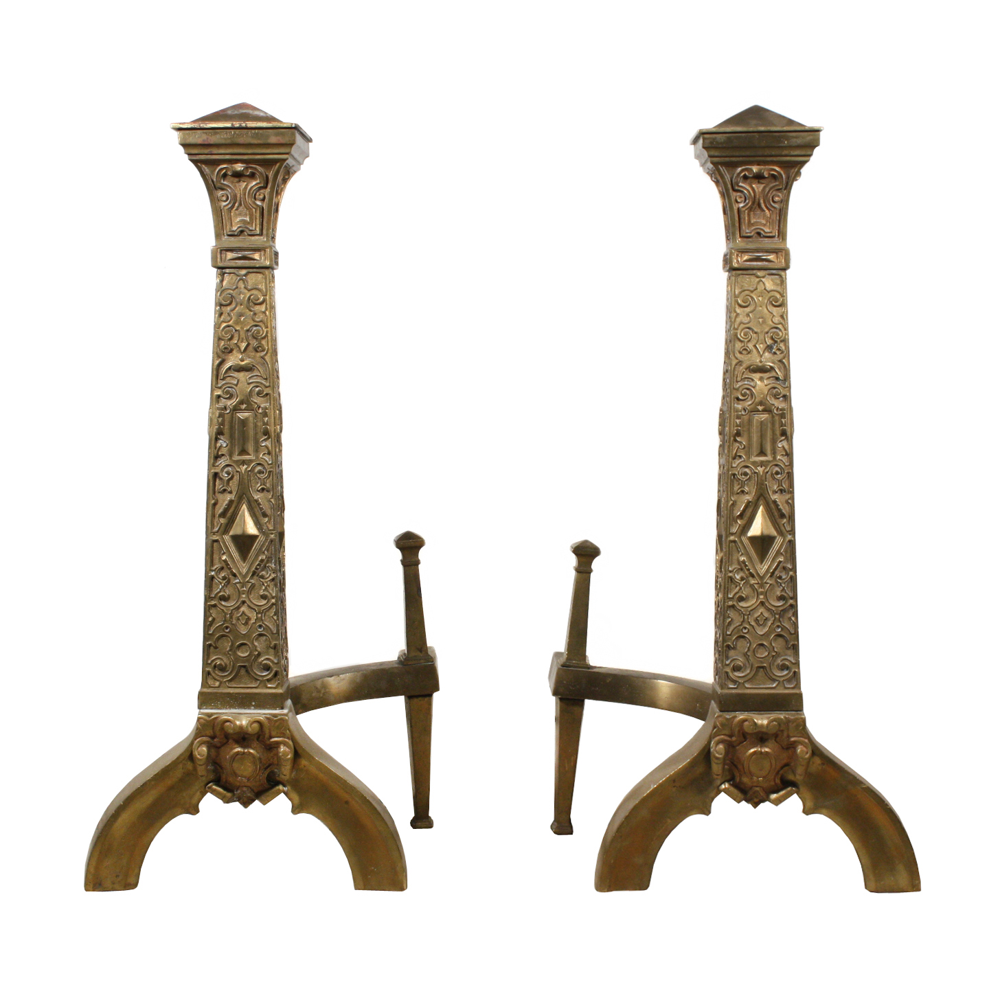 Stunning Antique Tudor Cast Brass Andirons, 19th Century