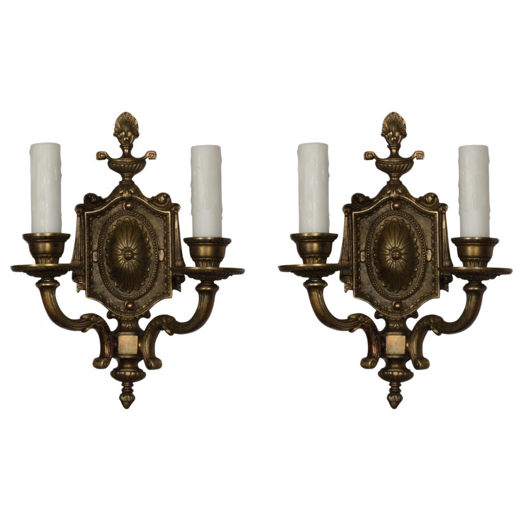 Amazing Pair of Antique Neoclassical Double-Arm Sconces, Crescent Brass ...