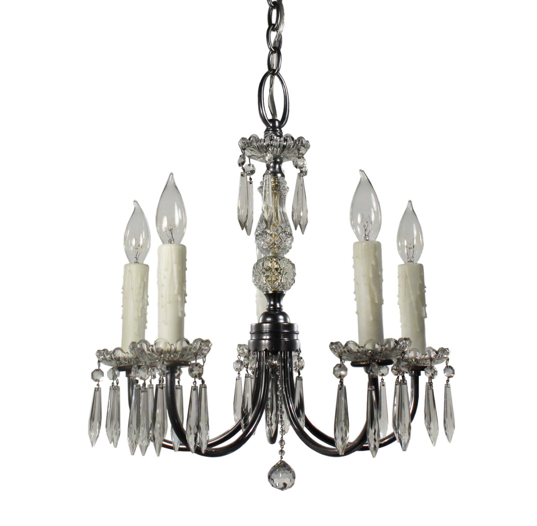 SOLD Antique Five-Light Chandelier with Prisms, Early 1900’s-0