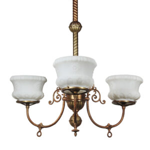 Antique Bronze Gas Chandelier with Original Glass Shades, c. 1880