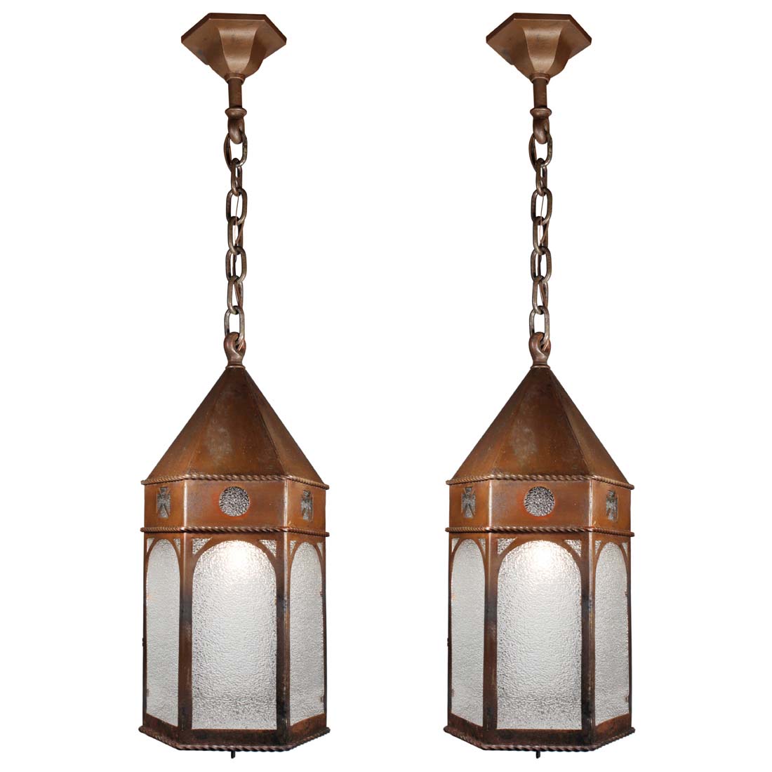 Matching Antique Bronze Lantern Pendant Lights with Granite Glass - Antique Lighting, Ceiling, Ceiling Exterior, Lighting, Pair/Multiple Chandeliers, Pendant Lighting, Recent Arrivals - The Preservation Station