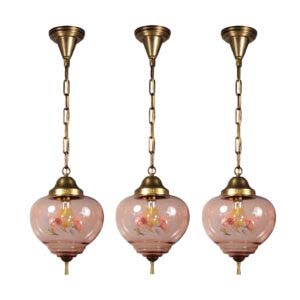 Vintage New Old Stock Pendant Lights with Pink Glass Shades, Flowers