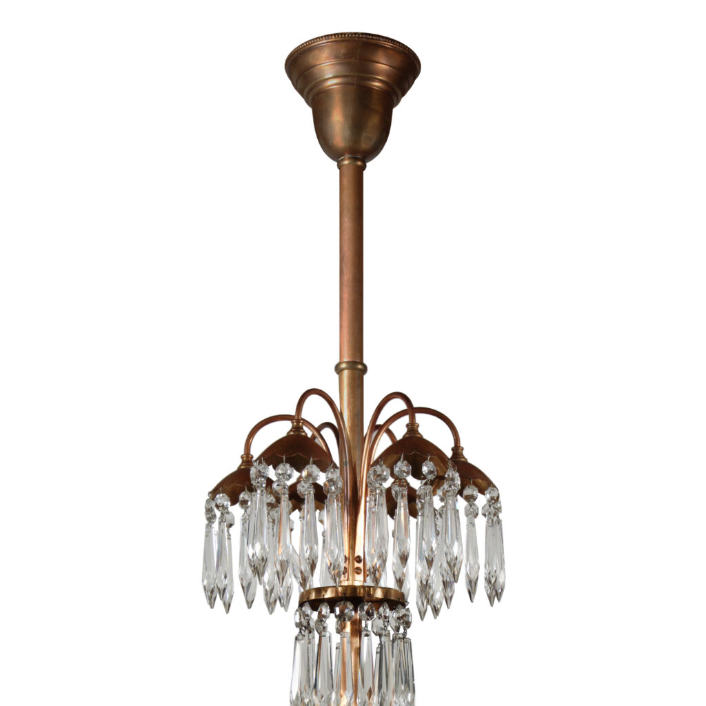 Antique Brass Neoclassical Chandelier With Prisms, C. 1910