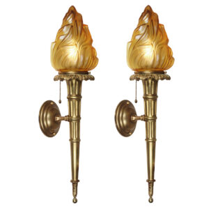 Pair of Bronze Torch Sconces with Original Shades, Antique Lighting