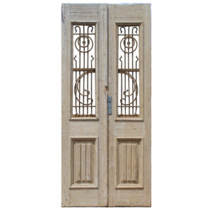 Pair of Salvaged 44” French Colonial Doors with Iron Inserts, Antique Doors