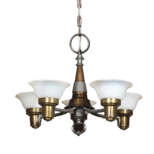 Antique Two-Tone Chandelier with Original Sit-In Shades, c. 1930