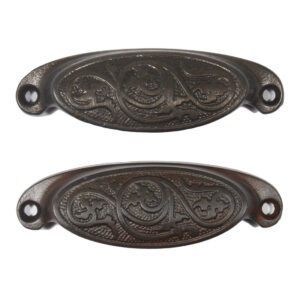 Pair of Antique Cast Iron Decorative Bin Pulls, Pat. 1873