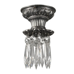 Pewter Flush-Mount Light with Exposed Bulb and Prisms, Antique Lighting