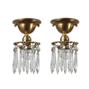 Matching Brass Flush-Mount Fixtures with Prisms, Antique Lighting