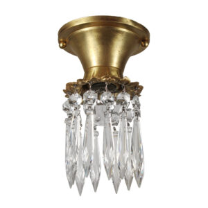 Brass Flush-Mount Light with Exposed Bulb and Prisms, Antique Lighting