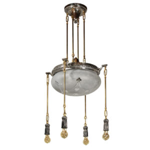 Antique Two-Tone Inverted Dome Chandelier with Exposed Bulbs, c. 1910