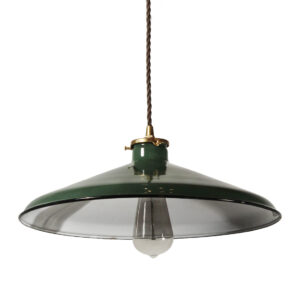 Antique Pendant Light with Green Enamel & Porcelain Shade