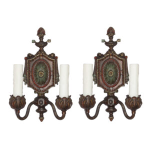 Pair of Antique Double-Arm Bronze Sconces by Crescent, Original Polychrome Finish