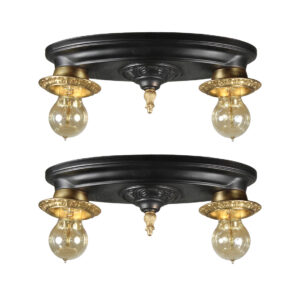 Matching Antique Two-Tone Flush Mount Fixtures with Exposed Bulbs