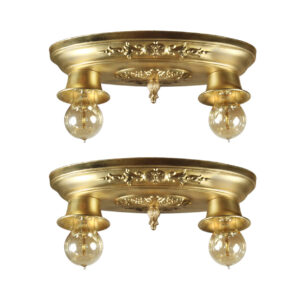 Matching Antique Neoclassical Brass Flush Mount Fixtures with Exposed Bulb, Early 1900’s