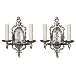 Pair of Antique Figural Double-Arm Sconces by Lion Electric Co., Silver Plate