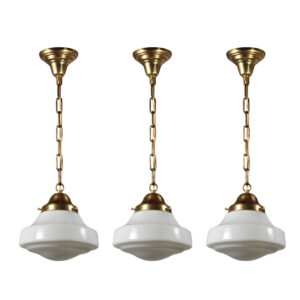 Matching Petite Antique Brass Schoolhouse Pendant Lights, Early 1900’s