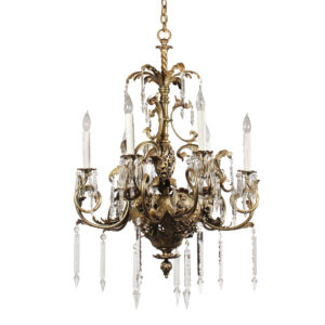 Substantial Antique Figural Cast Bronze Chandelier with Prisms, Mississippi